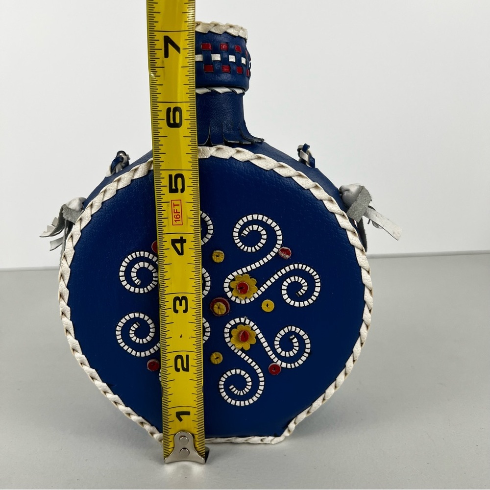 Vintage Folk Art Blue Floral Leather Covered Glass Bottle Canteen Decanter Flask - Picture 8 of 12